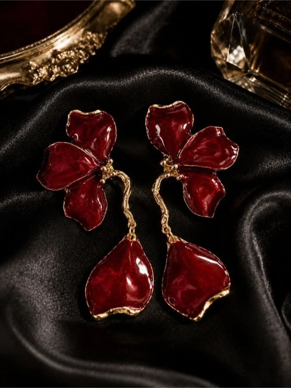 Ruby Red Floral Statement Earrings | Gold Tone Designer-Inspired Drop Earrings